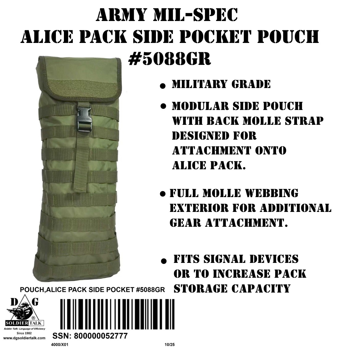 Army Mil-Spec ALICE Pack Side Pocket Pouch #5088GR