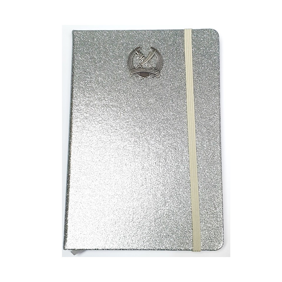 Shiny Silver A5 Notebook with OCS Silver Logo on surface